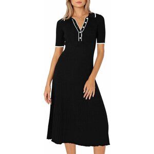 Pink Queen V Neck Short Women's Black Ribbed Swing Knit Midi Dresses
